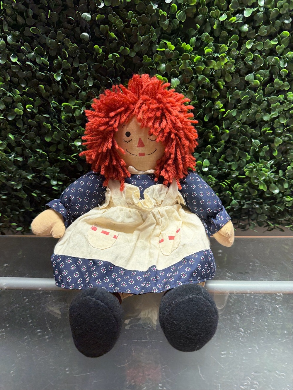 Source Unknown Red-Haired Cloth Doll in Navy Floral Dress with Cream Apron